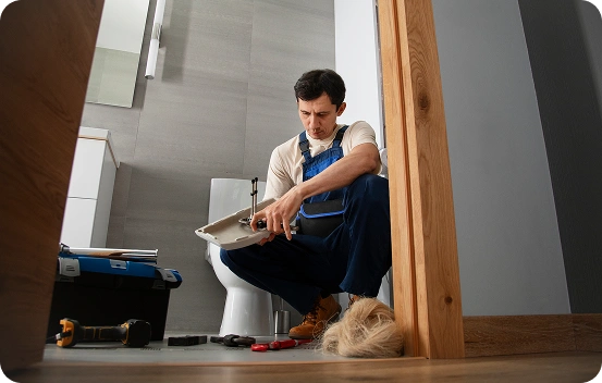Een vakman repareert de sanitaire installatie in de badkamer tijdens een thuisbezoek.